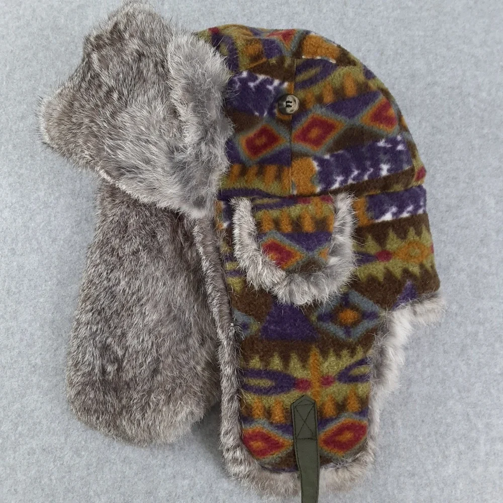 Lil Mad Bomber Kids Trapper Hat Rabbit Fur Trim Southwestern Fleece XL